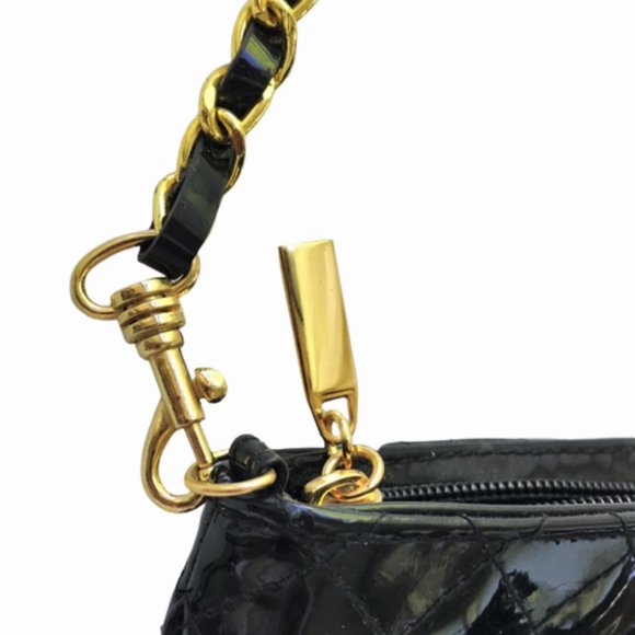 Mini Black Patent Leather Quilted Chain Strap Wristlet - Picture 2 of 7
